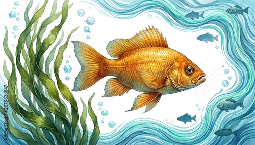 Vibrant watercolor illustration of a golden goldfish swimming in clear blue water with seaweed