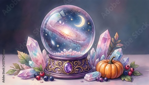 Whimsical crystal ball with galaxy and moon surrounded by crystals and autumn elements