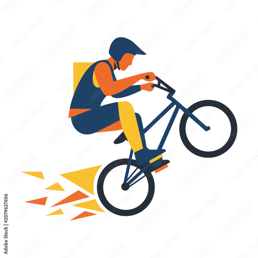 Obraz premium Minimalist silhouette of a bmx cyclist performing a mid-air jump with bold geometric shapes and flat colors isolated on white background Extreme sports concept