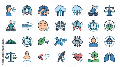 Bild auf Leinwand Respiratory Health and Breathing Techniques Icon Set
