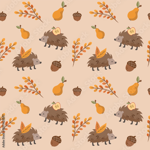 Obraz na płótnie Cute autumn seamless pattern with hedgehogs, pears, acorns and autumn branches