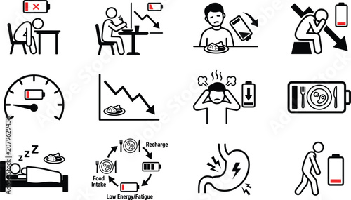 Fotografie Low energy, fatigue, and metabolism vector icon set featuring tired figures and