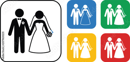 Cuadro en lienzo Wedding couple icon set featuring bride and groom in black and colorful button s