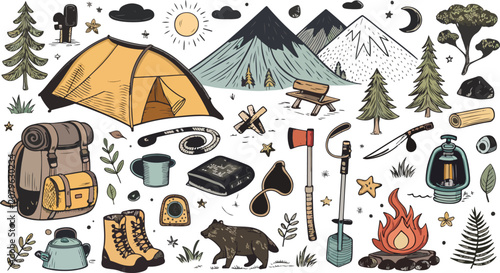 Camping Hiking Doodle Vector Set Hand Drawn Outdoor Adventure Outline Collection