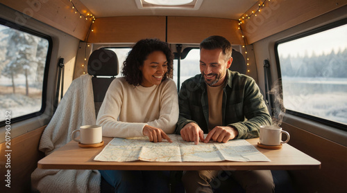Happy couple planning winter road trip with map in camper van