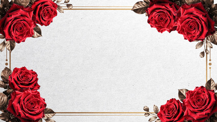 Elegant Red Roses Frame With Gold Border On Textured White Paper Background