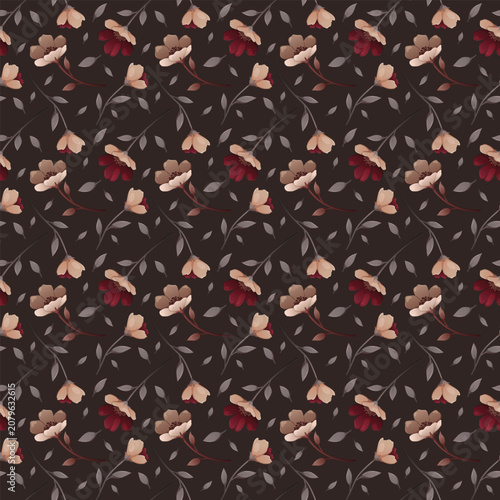 Seamless dark floral pattern with elegant moody flowers and leaves on a dark brown background.