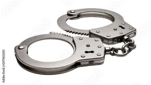 Foto Isolated modern stainless steel handcuffs with a connecting chain, open and read
