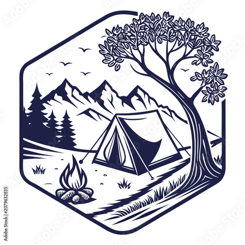 Canvas Print Camping in mountain wilderness hexagonal line art illustration with mountains, w