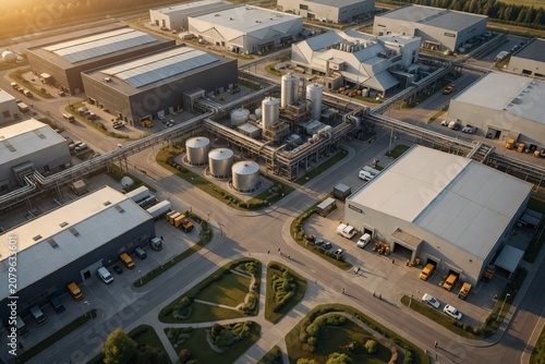 Aerial view of large industrial facility with storage tanks and warehouses