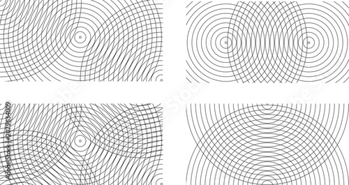 Collection of Abstract Black and White Concentric Circles Overlapping Vector Patterns