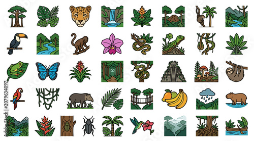 Canvas Print Tropical Rainforest and Jungle Icon Set