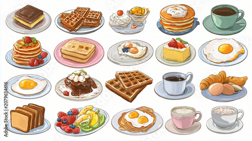 Delicious breakfast illustration featuring waffles, pancakes, eggs, pastries, and coffee art style