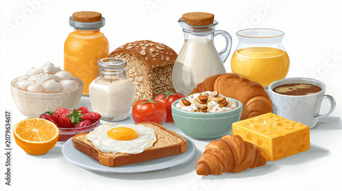 Delicious assortment breakfast foods flat lay illustration healthy morning meal options