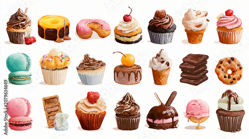 Delicious assorted pastries desserts cupcakes macarons cakes illustrations digital art