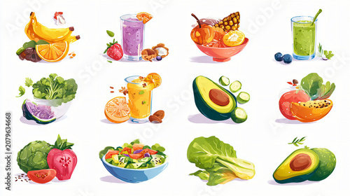 Illustrated healthy fruit smoothie bowls, fresh juices, and veggies for nutrition guide designs