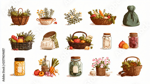 Illustrations of rustic baskets filled with fresh herbs, vegetables, fruits, and homemade preserves