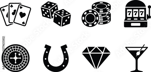 Set of black casino and gambling icons with playing cards dice chips slot machine roulette horseshoe diamond and drink