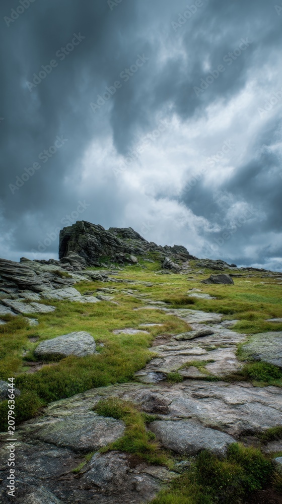 Fototapeta premium Dramatic rocky landscape under dark stormy clouds