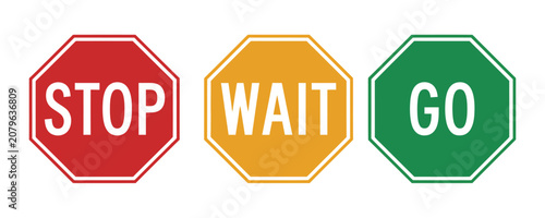 Bild auf Leinwand Traffic signal icon set featuring stop, wait and go lights, red, yellow and green road safety symbols for transportation, education and navigation design