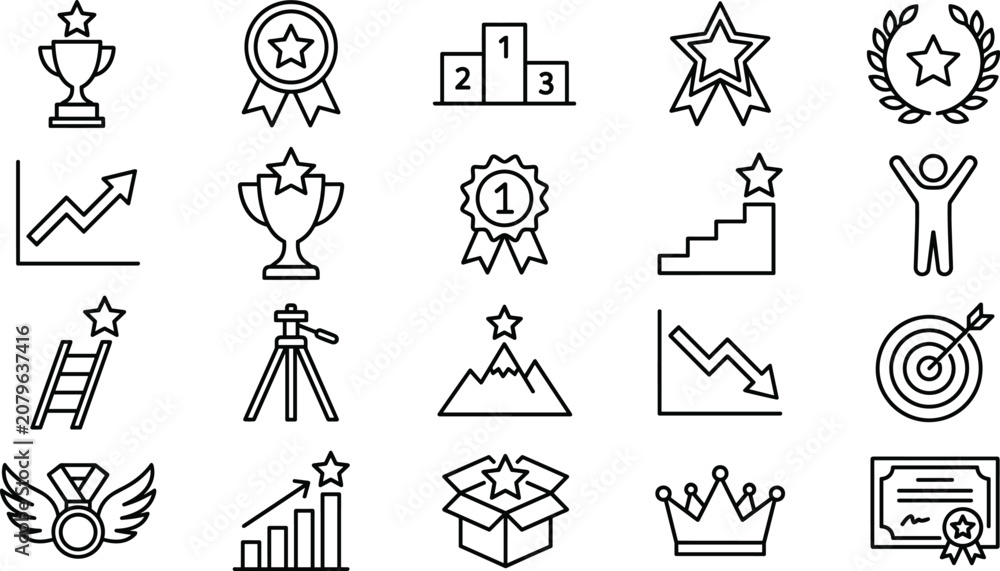 Naklejka premium Set of achievement, success, and business growth line icons featuring awards, trophies, charts, and victory symbols