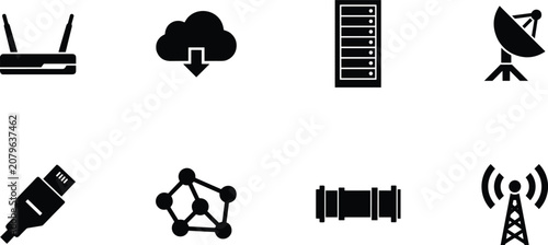 Billede på lærred Solid black vector icon set for telecommunications, cloud computing, network inf