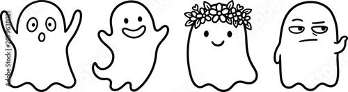 Принти на полотні A charming collection of four distinct hand-drawn ghosts featuring a surprised ghost, a happy ghost, a floral ghost, and a skeptical ghost side-by-side