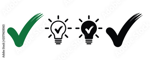 Tableau sur toile Success checkmark and lightbulb icon design, innovation, creative thinking, smart solutions, business growth and problem solving symbols for corporate applications