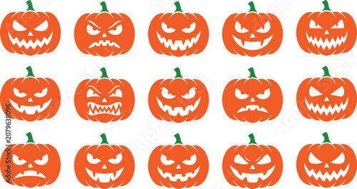 Фотография A collection of fifteen diverse orange jack-o-lantern pumpkins featuring various