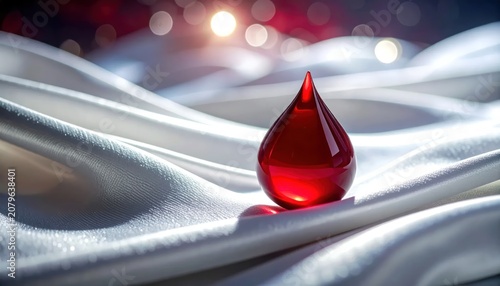 Close up of red liquid droplet on silk material.