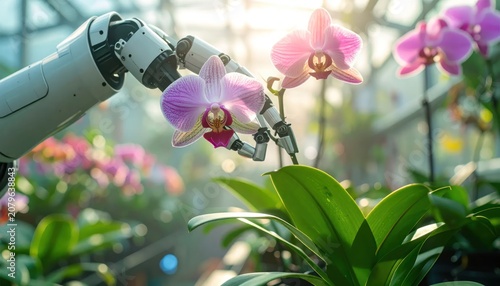 Close up of robotic arm inspecting delicate pink orchid flowers.