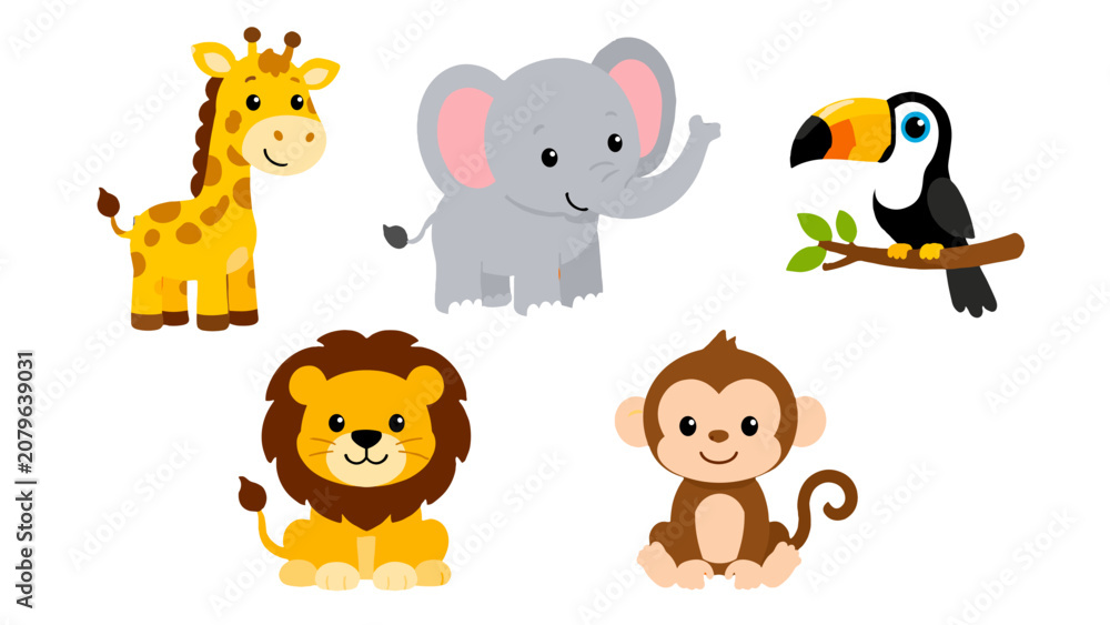 Fototapeta premium Cute cartoon jungle animals collection on white background