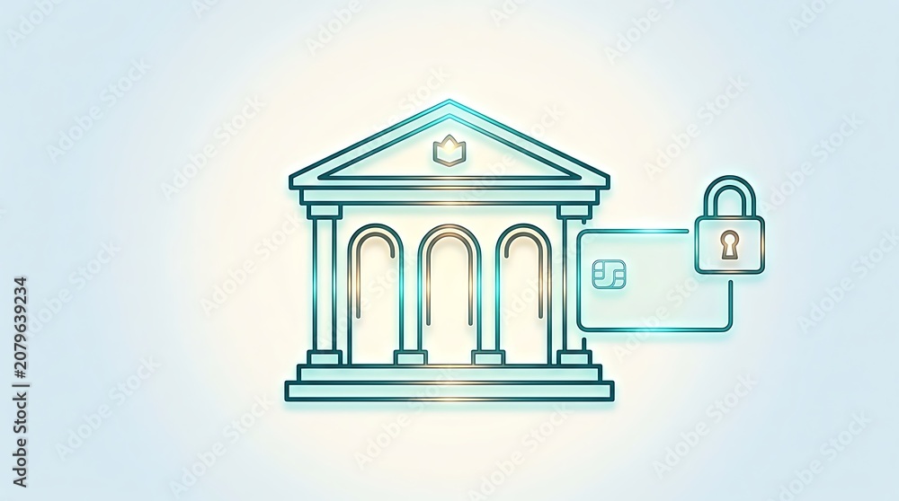 Fototapeta premium Cybersecurity bank building icon with credit card and padlock, digital banking security illustration, secure financial transaction concept