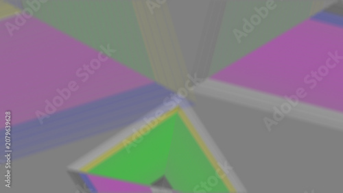 Abstract geometric pattern featuring vibrant green and purple triangles arranged in a complex digital artistic composition