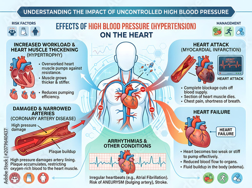 High blood pressure effects on the human heart infographic isolated on white background