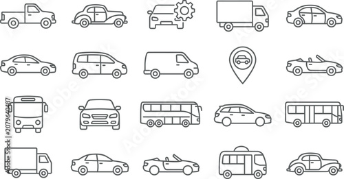 Foto Comprehensive collection of thin line transportation icons featuring various vehicles including cars, trucks, buses, vans, and automotive symbols