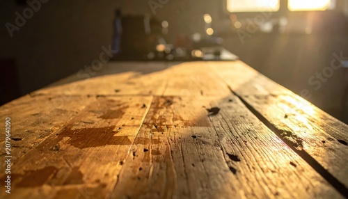 Close up of rustic wooden tabletop in warm sunlight