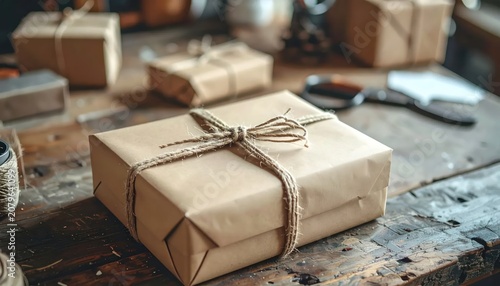 Close up of rustic wrapped gift box on table.