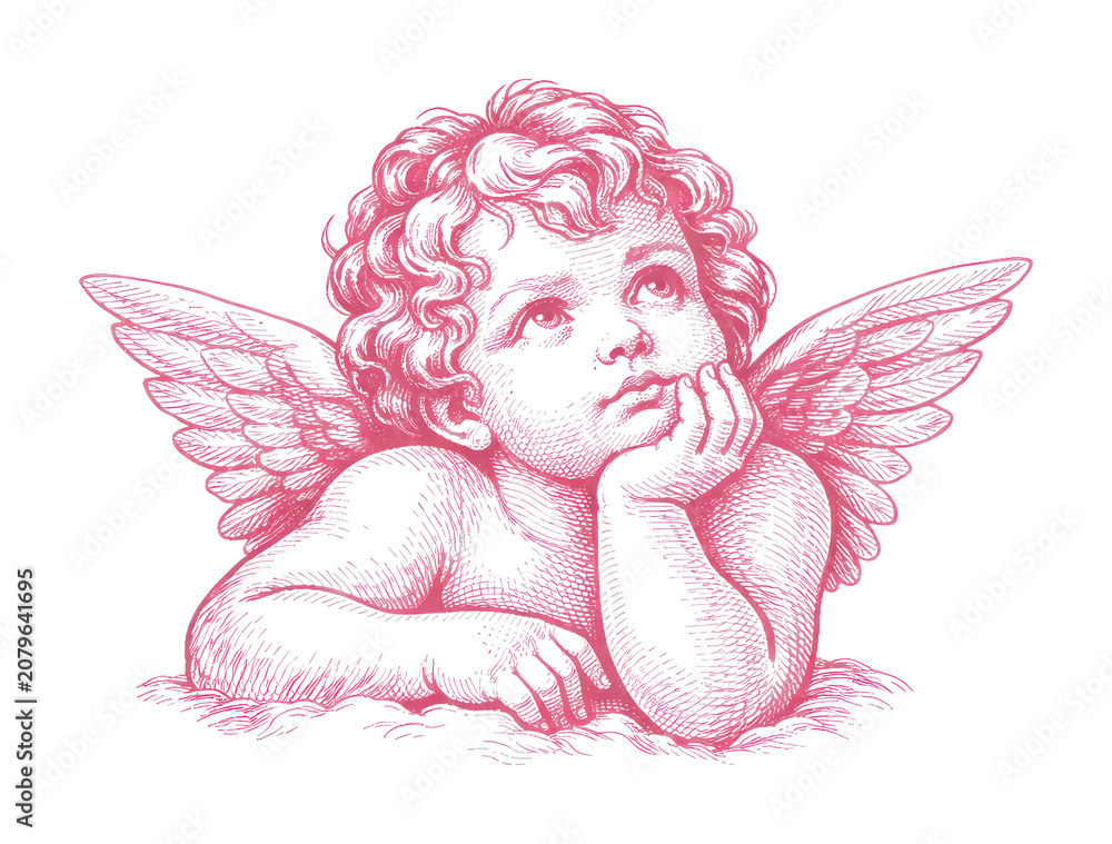 Fototapeta premium PNG Thoughtful cherub with detailed wings.