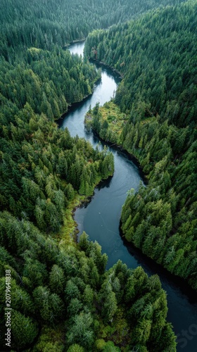 River winds through lush green forest
