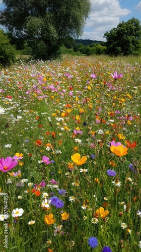 Colorful wildflower field in sunny countryside