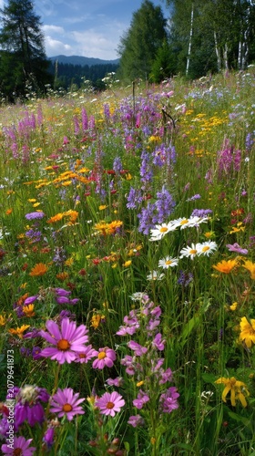 Colorful wildflower meadow under blue sky
