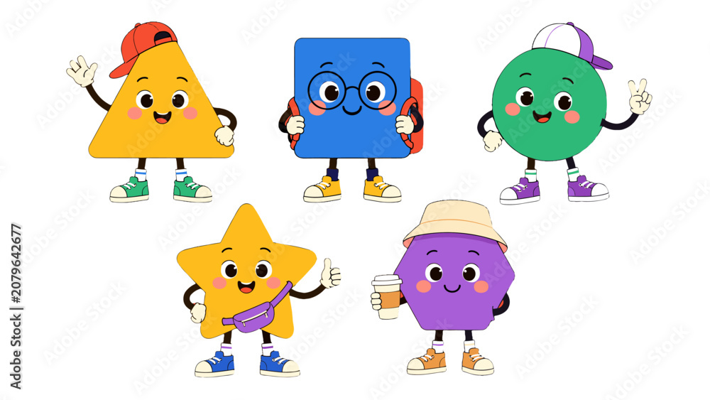 Obraz premium Cute geometric shape cartoon characters set in colorful vector style