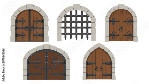 Set of medieval wooden doors and iron gate vector elements