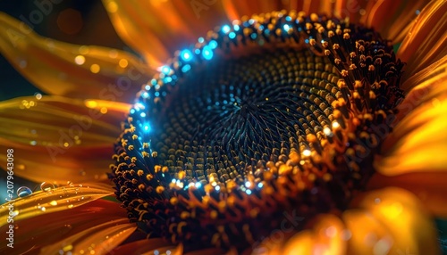 Close up of sunflower with glowing blue center.