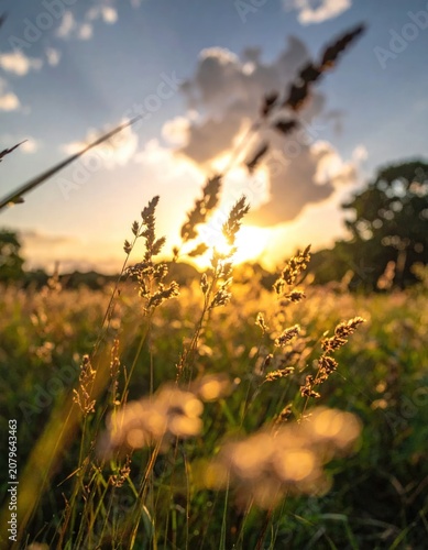 Close-up of tall wild grass in golden sunset light.