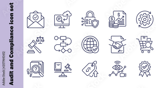Slika na platnu Audit and Compliance icon set, containing auditor, assessment, checklist, inspection, review, governance, regulations, verification, risk management and more