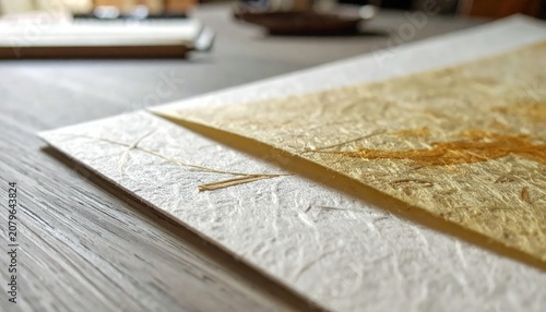 Close-up of textured handmade paper on a wooden surface.