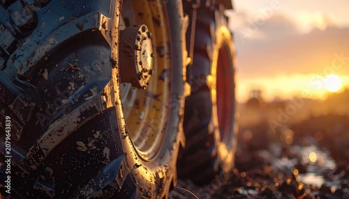 Close-up of tractor tire tread in dirt.