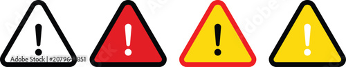 Warning Triangle Safety Alert Icon Set With Outline, Red, And Yellow Caution Symbols For Hazard And Emergency Vector Design